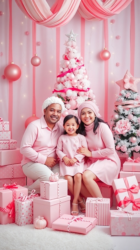 A family in pink outfits posing in front of a pink Christmas tree with ornaments and gifts.